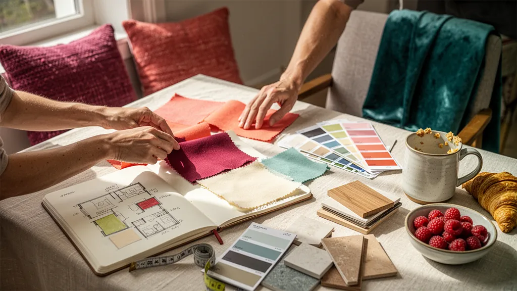 Atelier de décoration intérieure avec moodboards, échantillons de tissus et carnet de notes