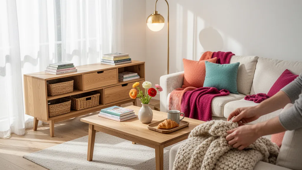 Salon lumineux au style scandinave avec canapé clair, tapis en laine et plantes vertes