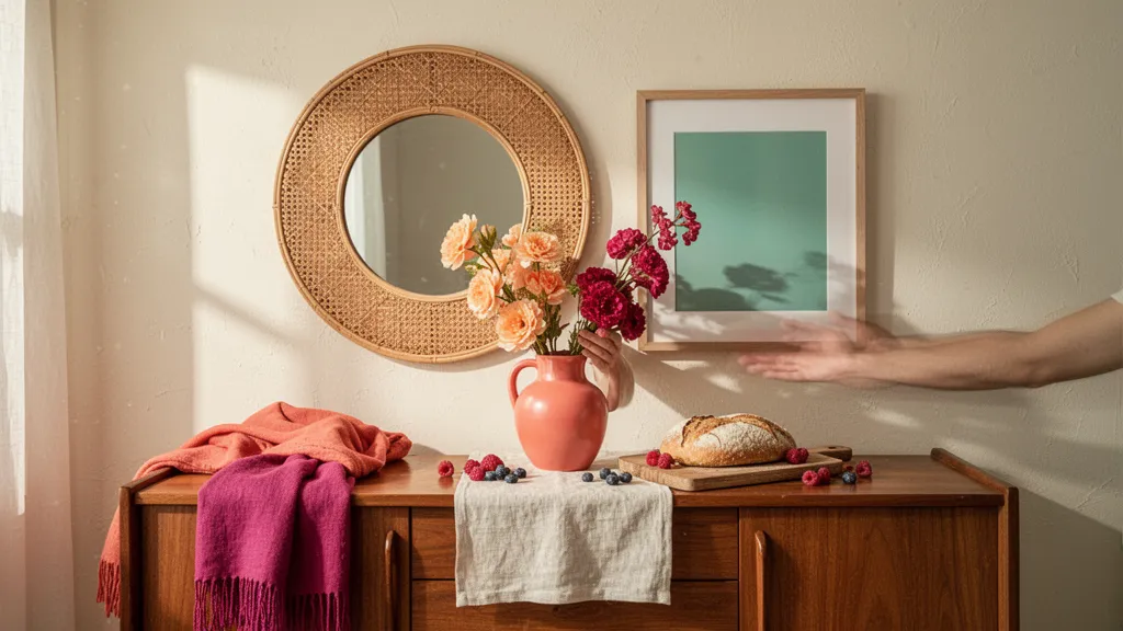 Buffet en bois clair avec cadre, miroir et plantes suspendues au mur