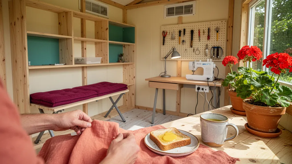 Intérieur d'un petit abri de jardin aménagé avec étagères murales, coin bureau et fenêtres laissant entrer la lumière